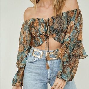 12th Tribe Blue and Brown Off-Shoulder Blouse